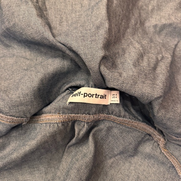 Self-portrait denim ruffle dress mini flirty open back with bow size 4 feminine - Picture 11 of 11